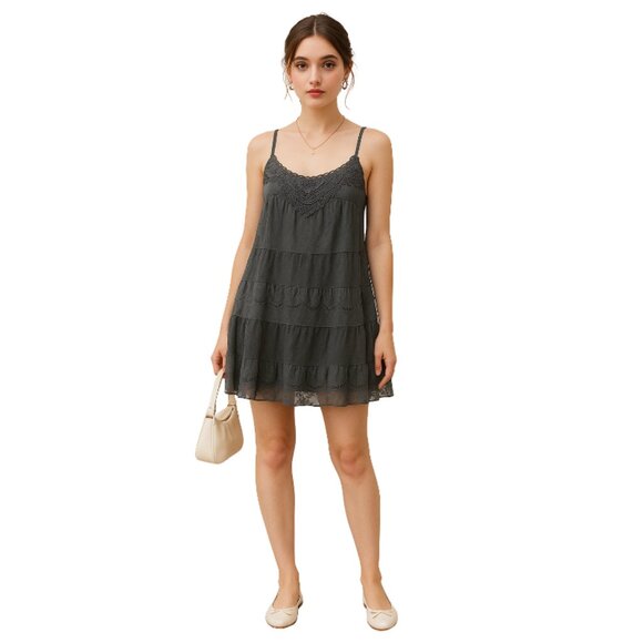 Xhilaration Gray Lace Boho Mini Dress Size M Adjustable Straps Lined - Picture 1 of 11